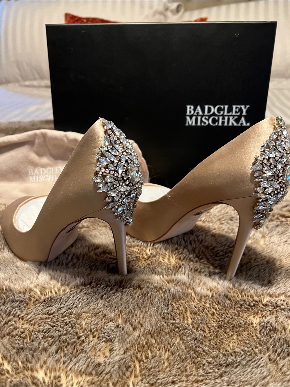Badgley Mischka Champagne Satin Jeweled Stiletto Pumps